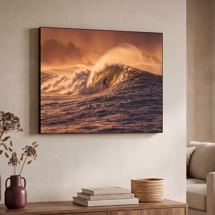 Surfer - Golf - Oceaan - Sport - Oranje Textielframe zwart klein -sfeer3