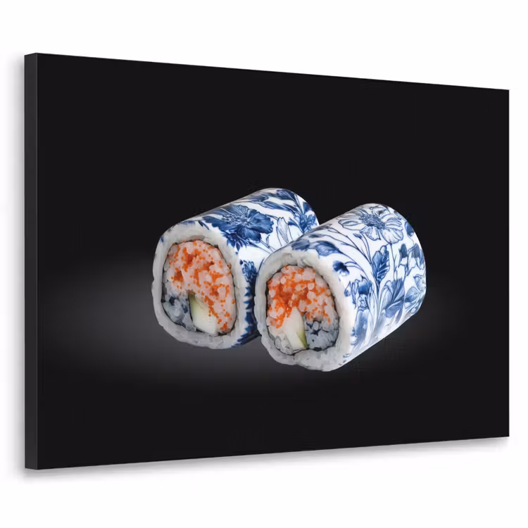 Sushi - Delfts blauw - Rijst - Vis - Elegant Textielframe zwart klein -3d