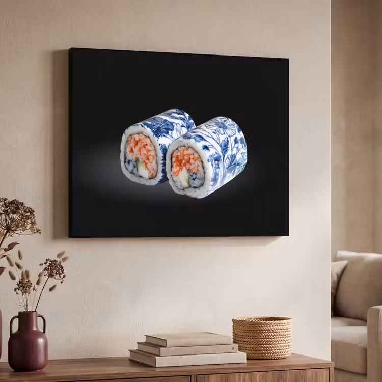 Sushi - Delfts blauw - Rijst - Vis - Elegant Textielframe - compleet frame klein -sfeer3