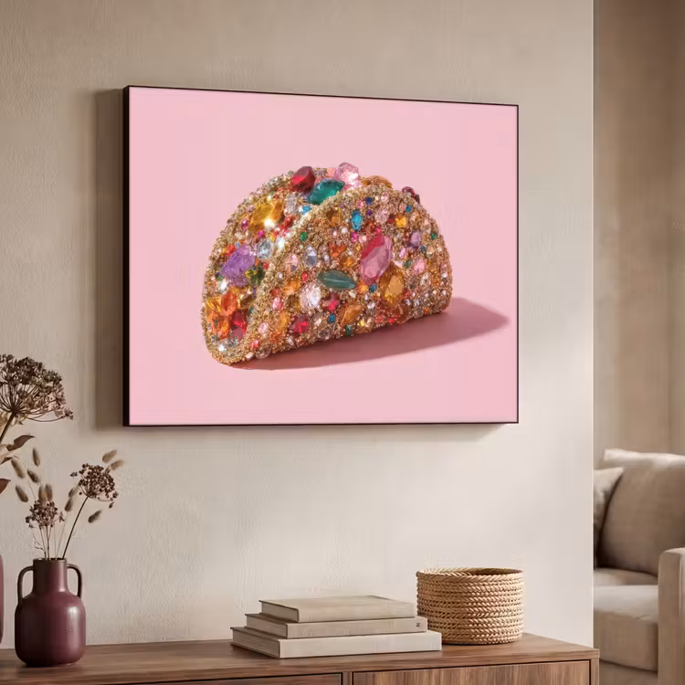Taco - Kleurrijk - Edelstenen - Goud Textielframe - compleet frame klein -sfeer3
