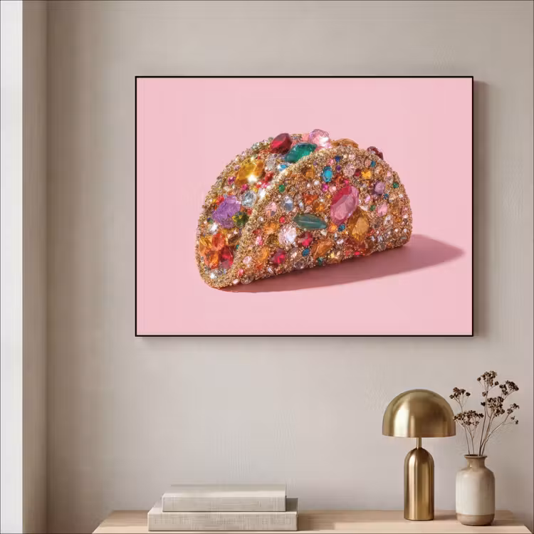 Taco - Kleurrijk - Edelstenen - Goud Textielframe - compleet frame klein -sfeer2