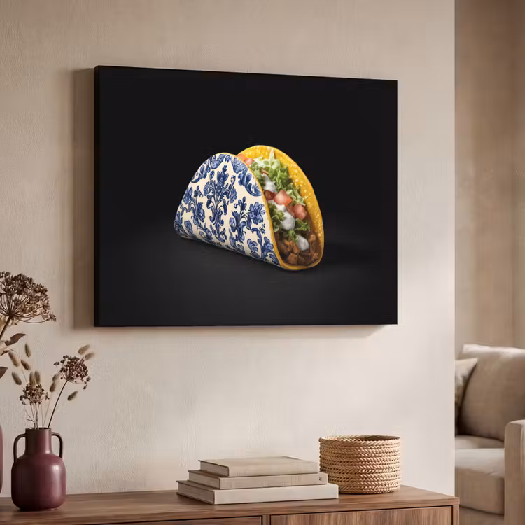 Taco - Vlees - Salade - Delftsblauw - Motief Textielframe zwart klein -sfeer3