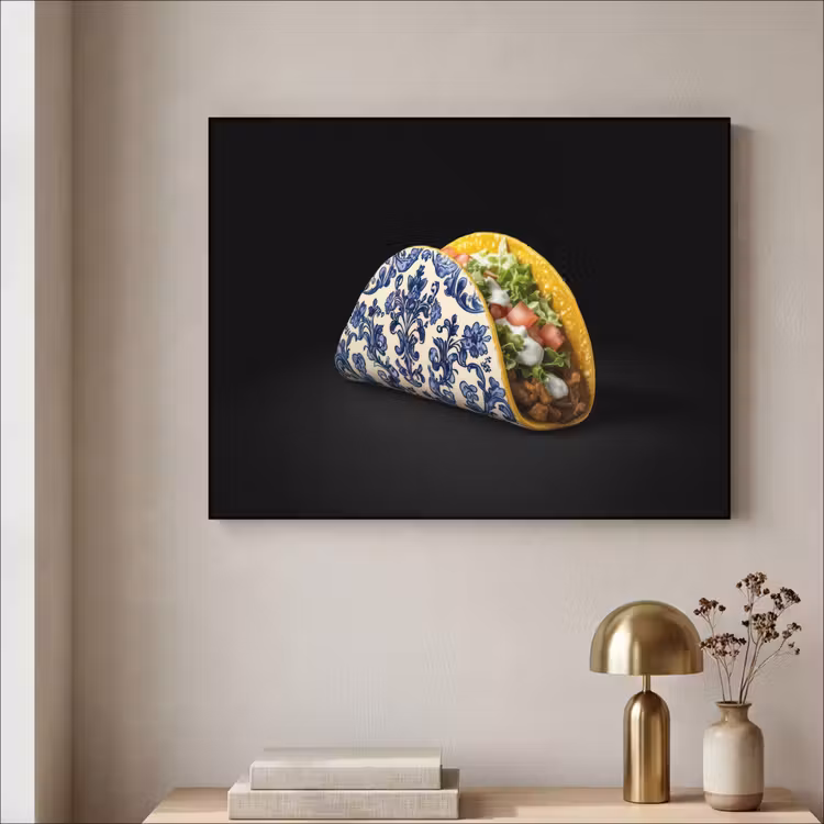 Taco - Vlees - Salade - Delftsblauw - Motief Textielframe zwart klein -sfeer2
