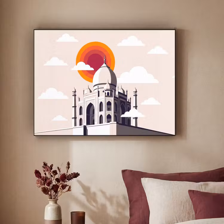 Taj Mahal - Zon - Koepel - Architectuur - India - Grafisch Textielframe zwart klein -sfeer1