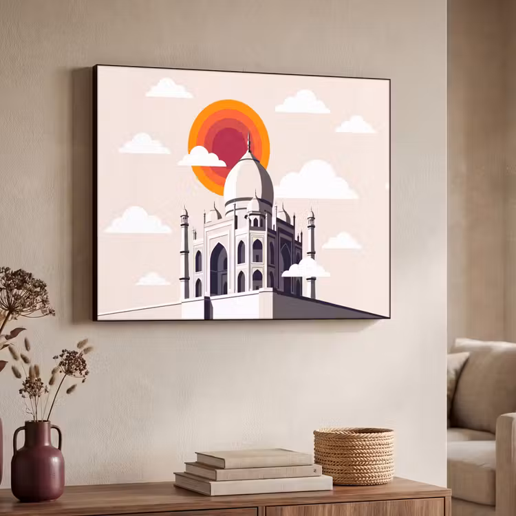 Taj Mahal - Zon - Koepel - Architectuur - India - Grafisch Textielframe zwart klein -sfeer3