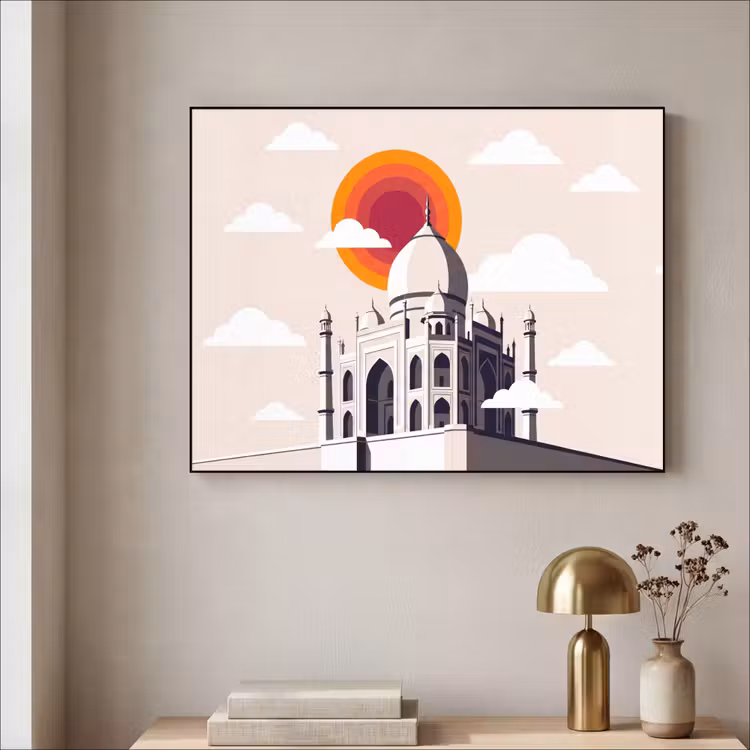 Taj Mahal - Zon - Koepel - Architectuur - India - Grafisch Textielframe zwart klein -sfeer2