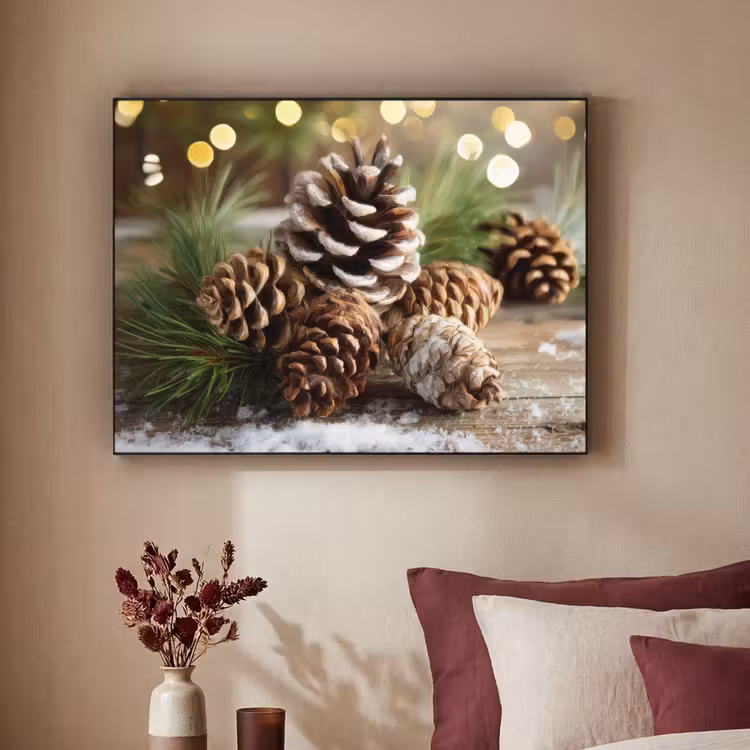 Dennenappels - Kerstsfeer - Bruin - Groen Textielframe - compleet frame klein -sfeer1