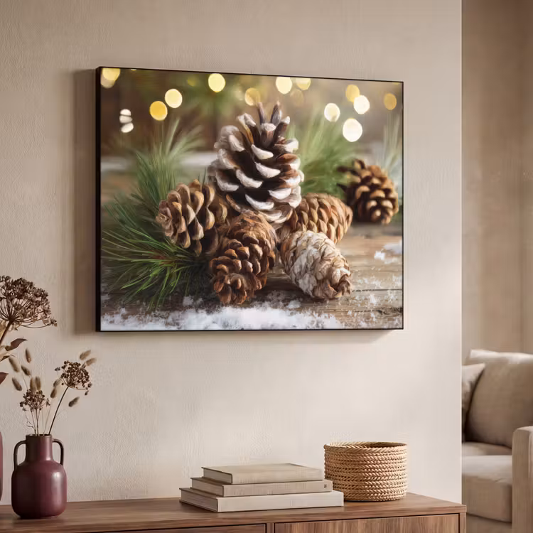 Dennenappels - Kerstsfeer - Bruin - Groen Textielframe zwart klein -sfeer3