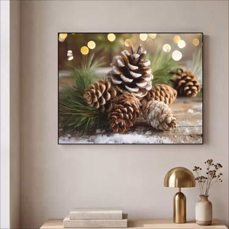 Dennenappels - Kerstsfeer - Bruin - Groen Textielframe - compleet frame klein -sfeer2