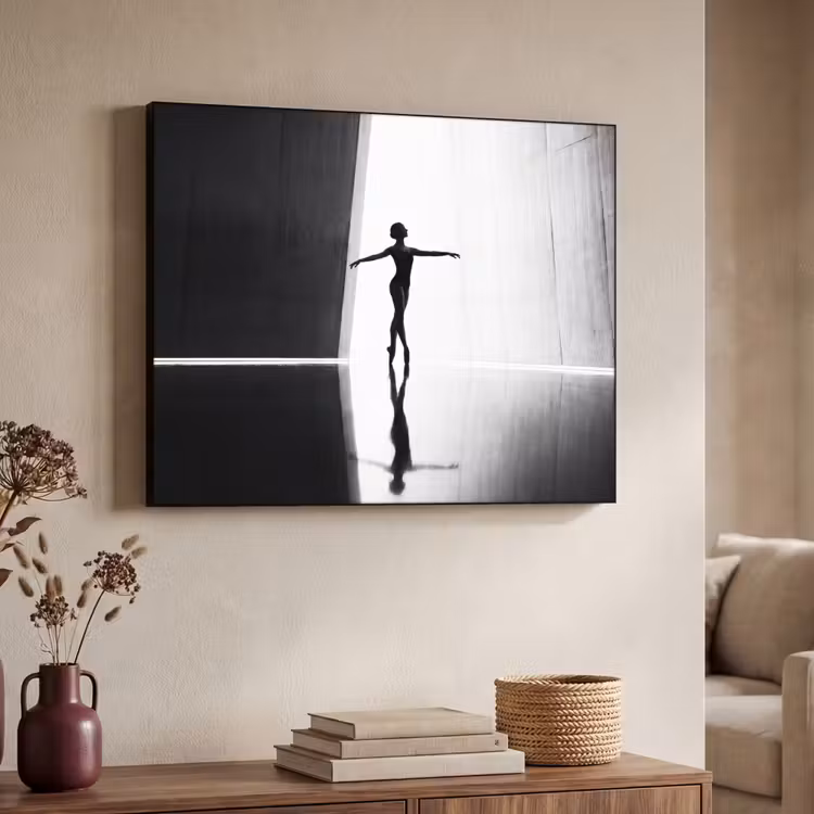 Danser - Silhouette - Kunst - Modern - Zwart-wit Textielframe zwart klein -sfeer3