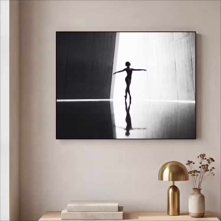 Danser - Silhouette - Kunst - Modern - Zwart-wit Textielframe zwart klein -sfeer2