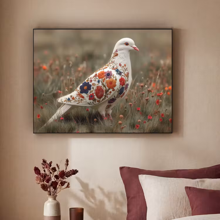 Duif - Bloemen - Natuur Textielframe zwart klein -sfeer1