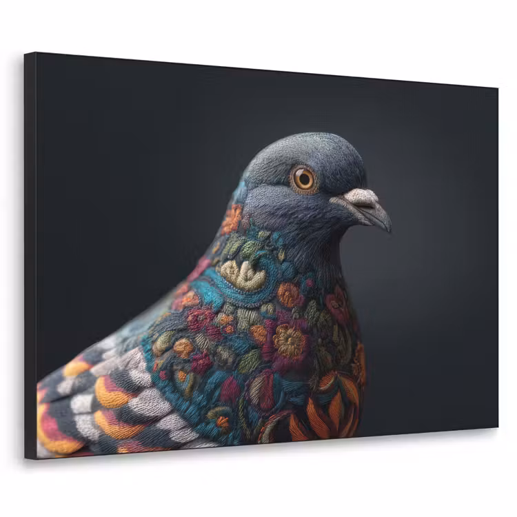 Duif - Bloemen - Zwart Textielframe - compleet frame klein -3d