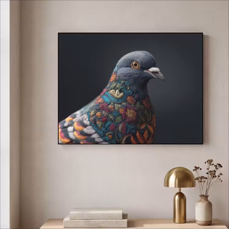 Duif - Bloemen - Zwart Textielframe - compleet frame klein -sfeer2