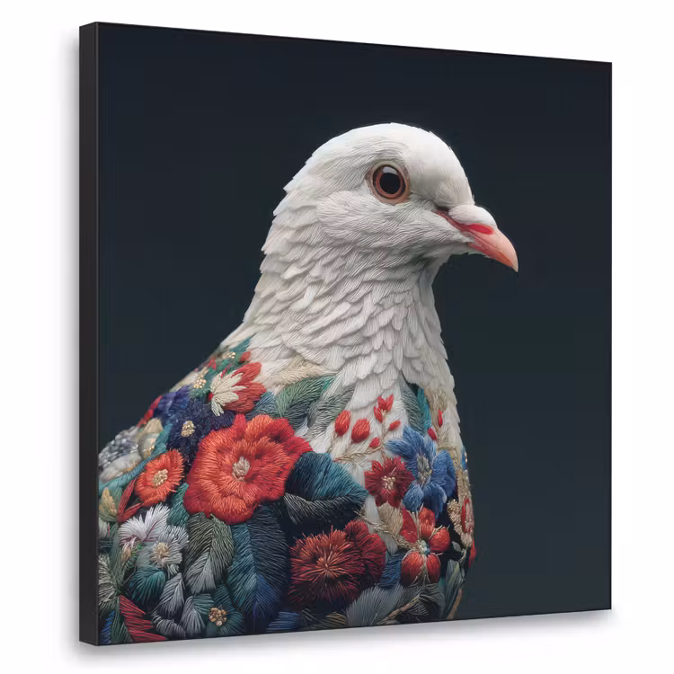 Duif - Bloemen - Wit - Zwart Textielframe zwart klein -3d