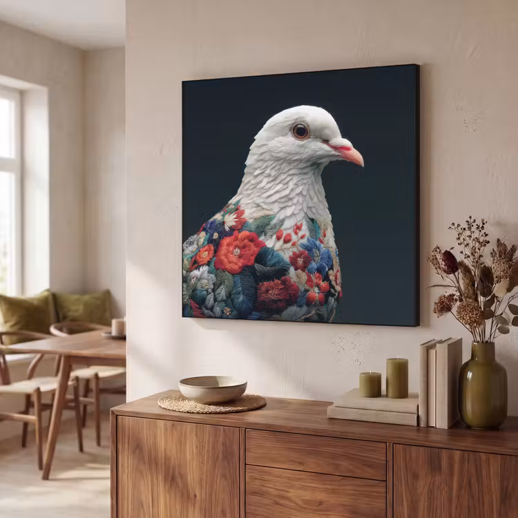 Duif - Bloemen - Wit - Zwart Textielframe zwart klein -sfeer3