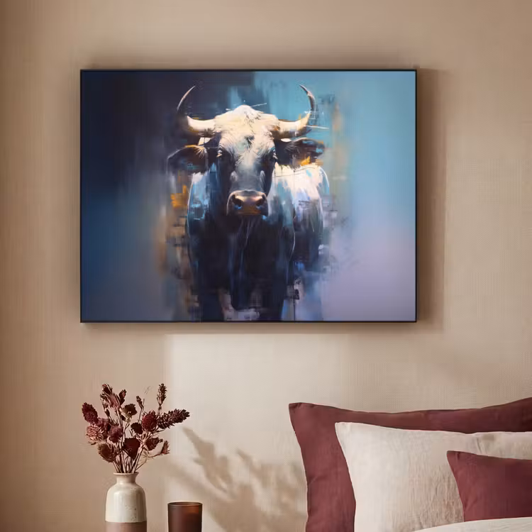 Stier - Zwart - Abstract - Horens Textielframe zwart klein -sfeer1
