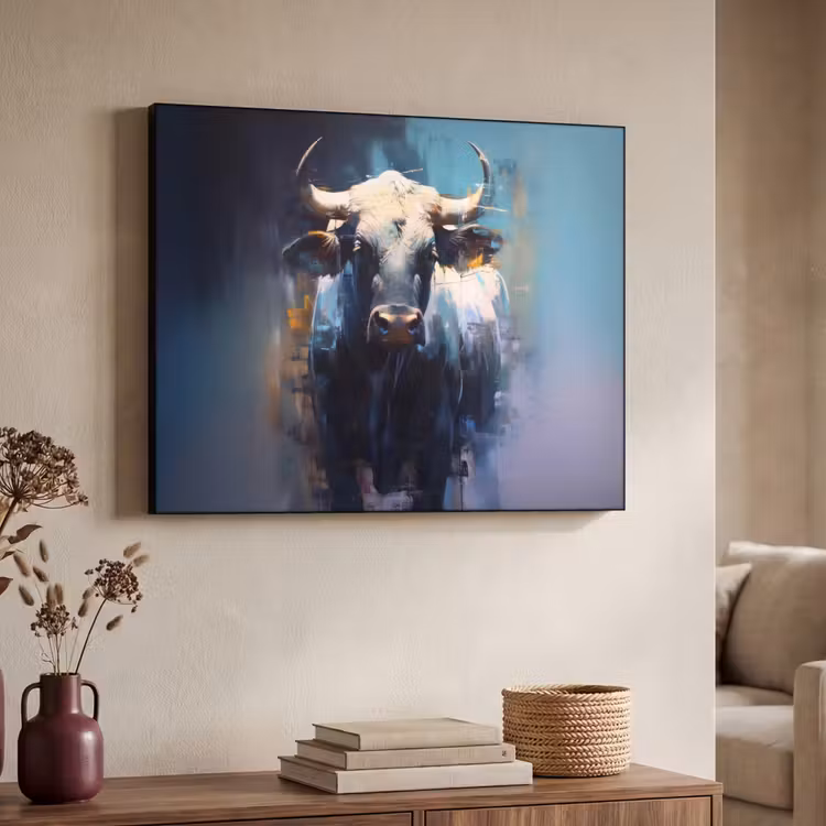 Stier - Zwart - Abstract - Horens Textielframe - compleet frame klein -sfeer3