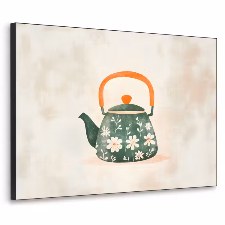 Theepot - Groen - Bloemen - Oranje Textielframe zwart klein -3d