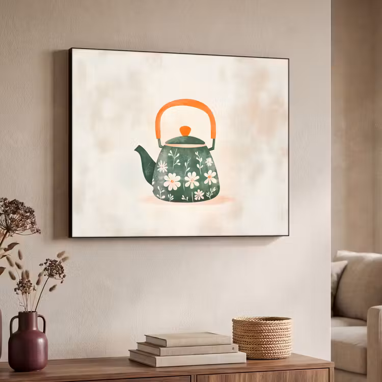 Theepot - Groen - Bloemen - Oranje Textielframe - compleet frame klein -sfeer3