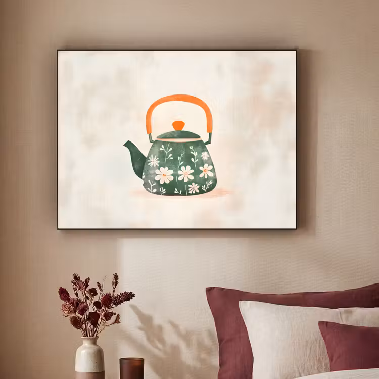 Theepot - Groen - Bloemen - Oranje Textielframe - compleet frame klein -sfeer1