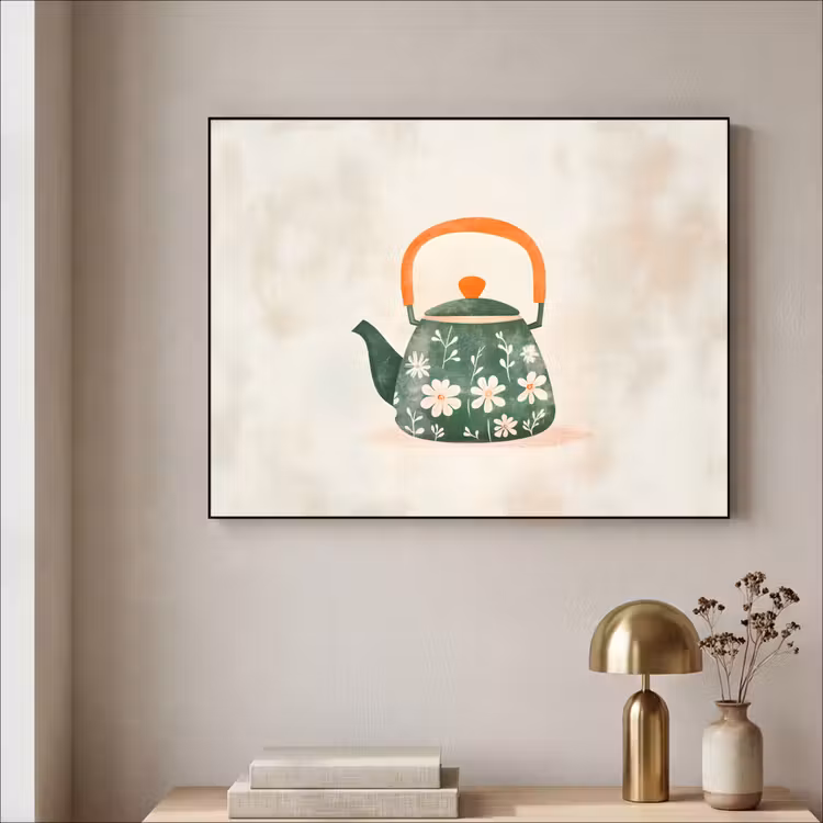 Theepot - Groen - Bloemen - Oranje Textielframe - compleet frame klein -sfeer2