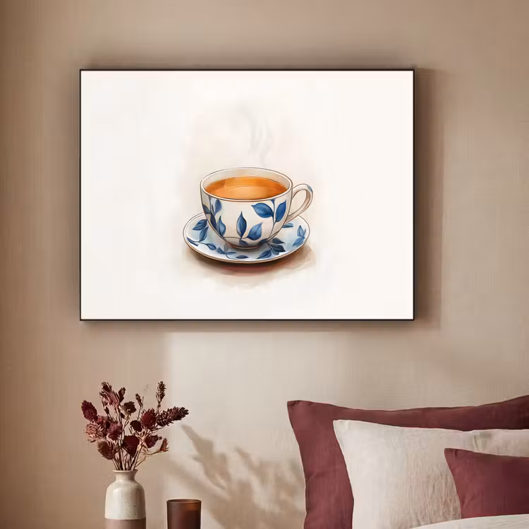 Theekop - Bladeren - Blauw Textielframe - compleet frame klein -sfeer1
