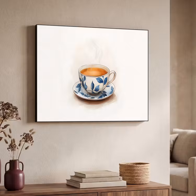 Theekop - Bladeren - Blauw Textielframe zwart klein -sfeer3