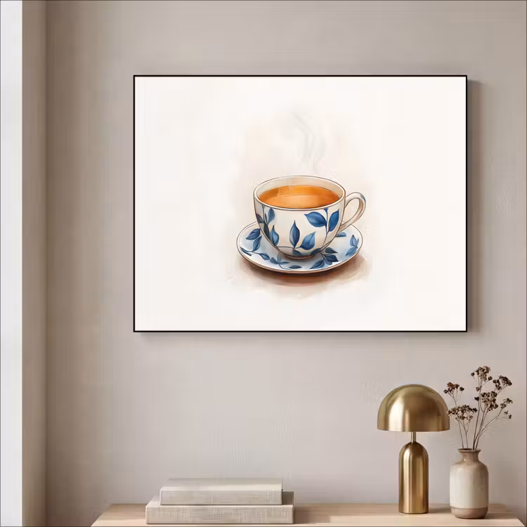 Theekop - Bladeren - Blauw Textielframe - compleet frame klein -sfeer2