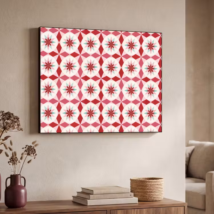 Tegelpatroon - Sterren - Retro - Roze - Mintgroen Textielframe zwart klein 947 -sfeer3