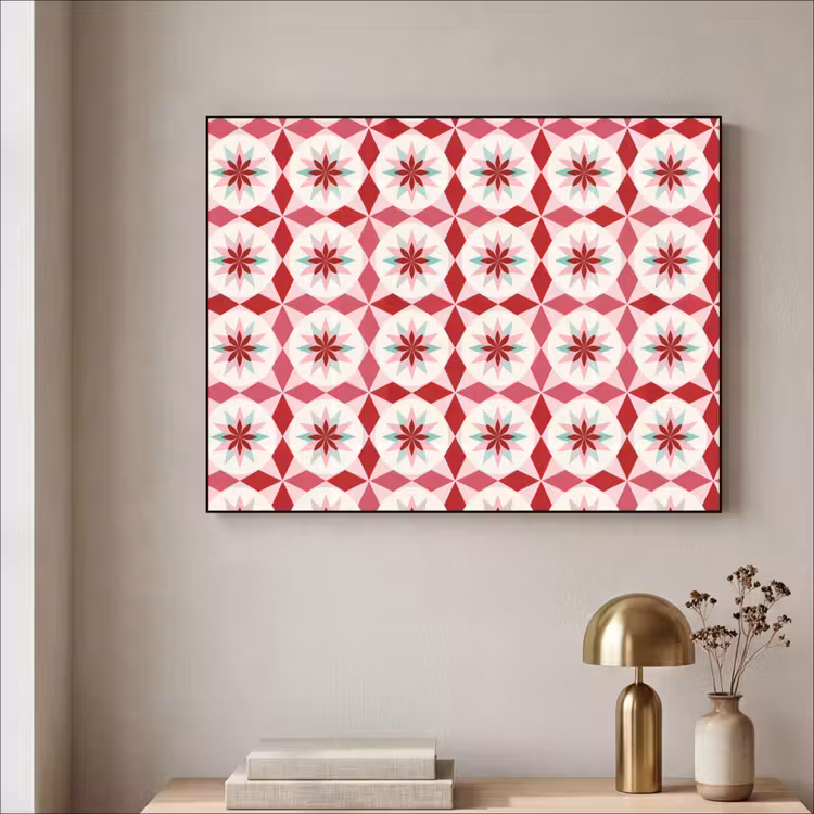 Tegelpatroon - Sterren - Retro - Roze - Mintgroen Textielframe zwart klein 947 -sfeer2