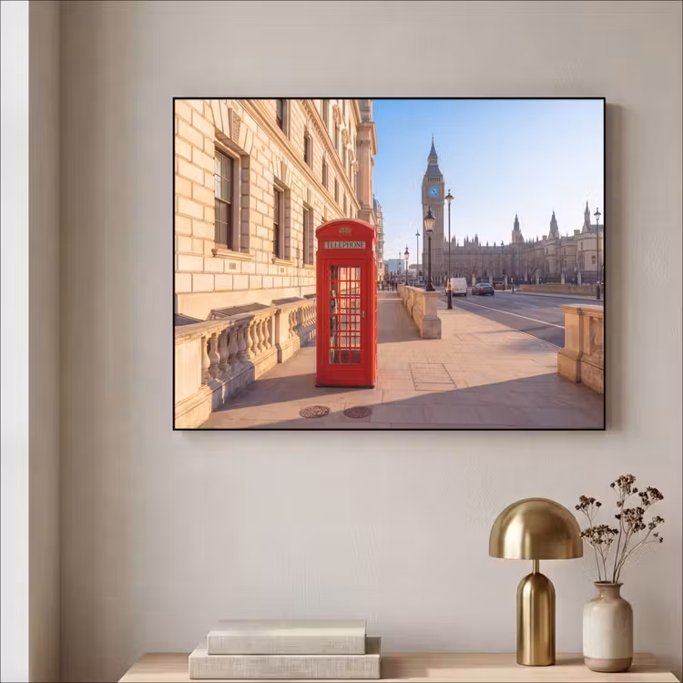 Telefooncel - Rood - Londen - Stad - Architectuur Textielframe zwart klein -sfeer2