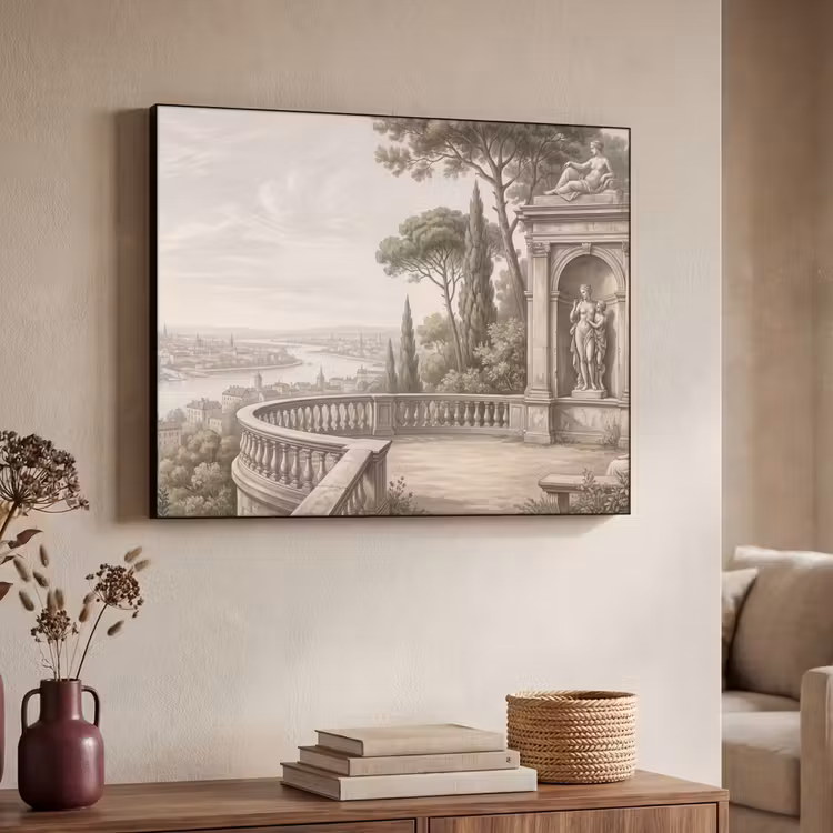 Terras - Stad - Uitzicht - Rivier Textielframe zwart klein -sfeer3