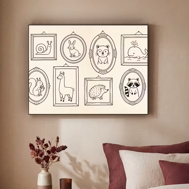Dieren - Illustratie - Lijsten - Galerij - Speels Textielframe zwart klein -sfeer1
