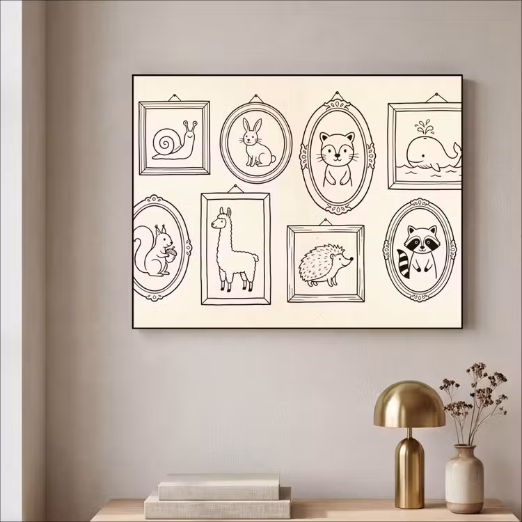Dieren - Illustratie - Lijsten - Galerij - Speels Textielframe zwart klein -sfeer2