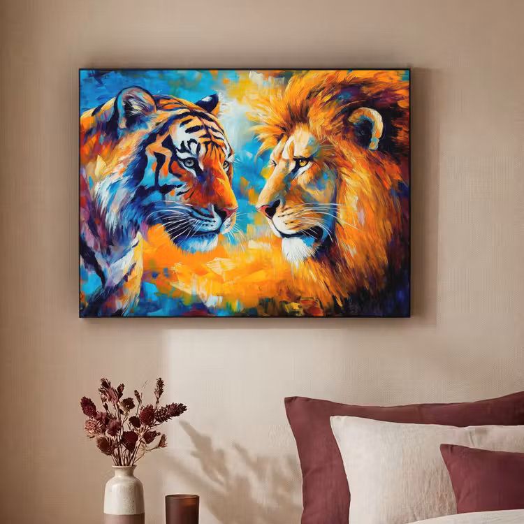 Dieren - Kunst - Leeuw - Tijger Textielframe zwart klein -sfeer1