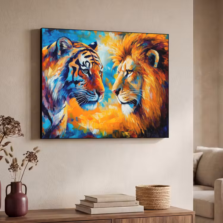 Dieren - Kunst - Leeuw - Tijger Textielframe zwart klein -sfeer3