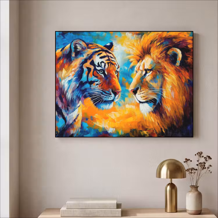 Dieren - Kunst - Leeuw - Tijger Textielframe - compleet frame klein -sfeer2