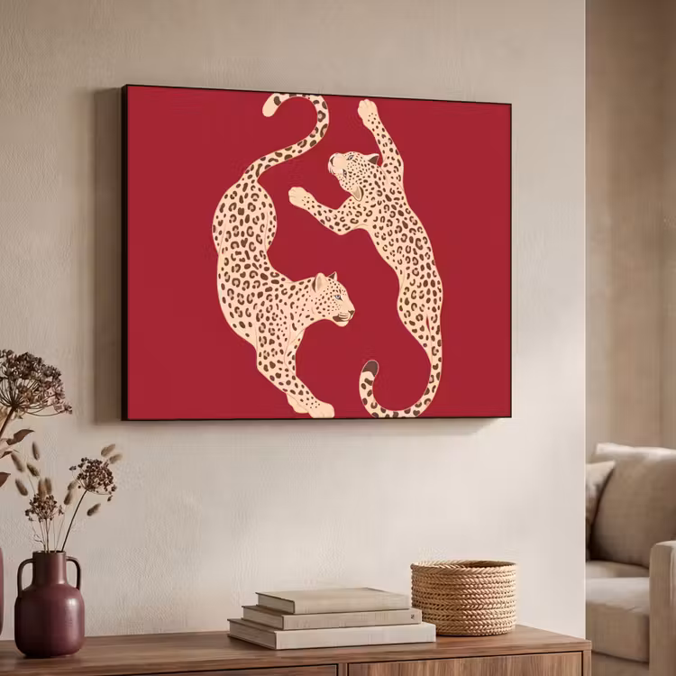 Dieren - Luipaard - Abstract - Rood - Modern Textielframe zwart klein -sfeer3