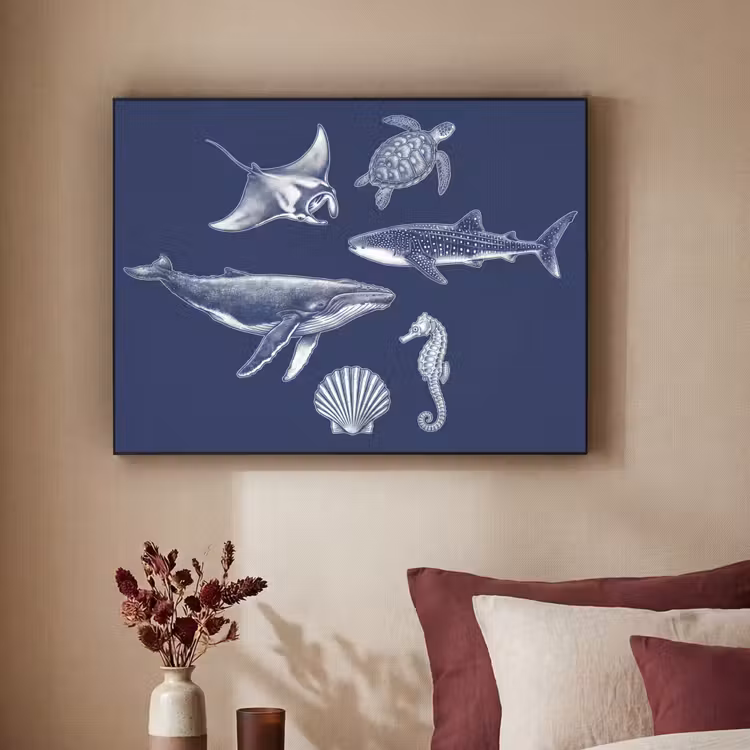 Dieren - Zeeleven - Oceaan - Graveren - Blauw Textielframe zwart klein -sfeer1