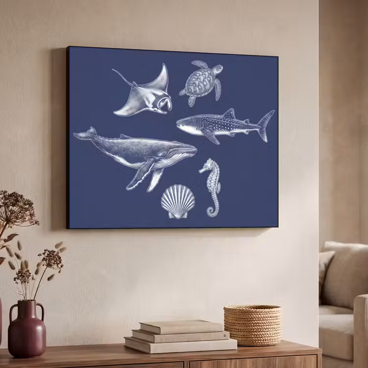 Dieren - Zeeleven - Oceaan - Graveren - Blauw Textielframe zwart klein -sfeer3