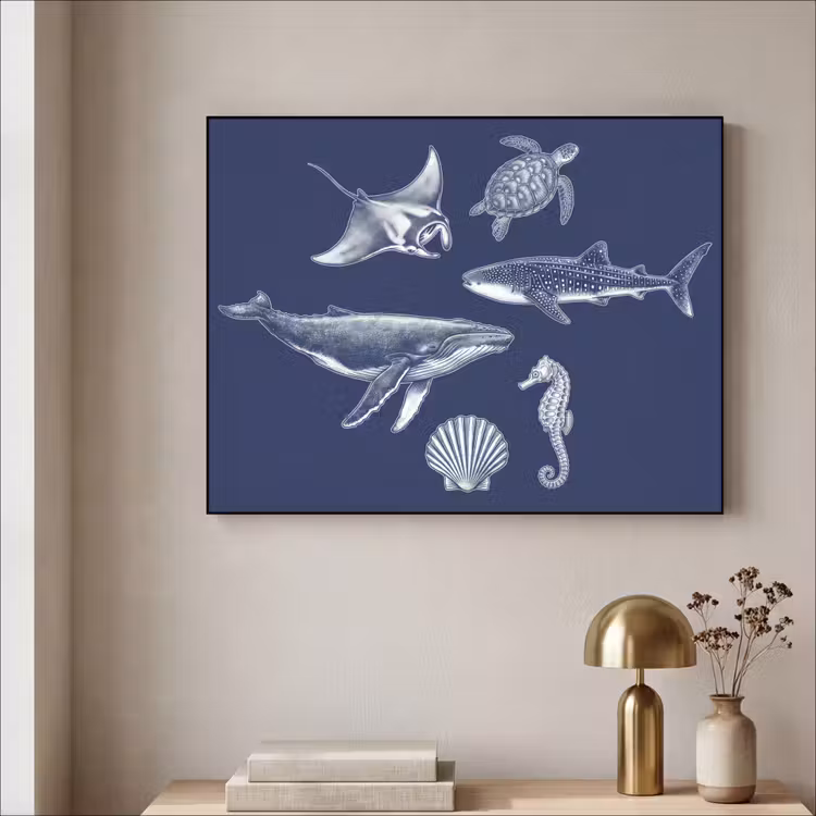 Dieren - Zeeleven - Oceaan - Graveren - Blauw Textielframe zwart klein -sfeer2