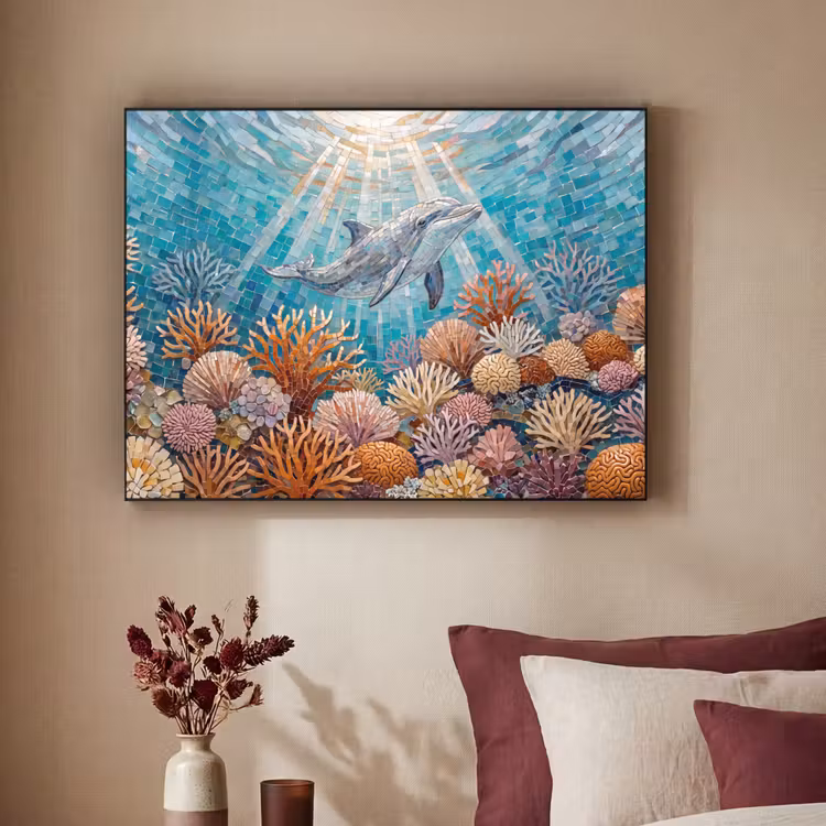 Dieren - Mozaïek - Oceaan - Koraal - Blauw Textielframe zwart klein -sfeer1