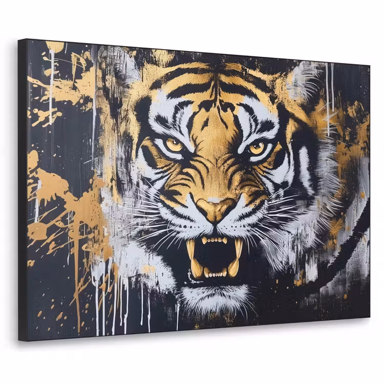 Tijger - Verfspatten - Goud Textielframe zwart klein -3d