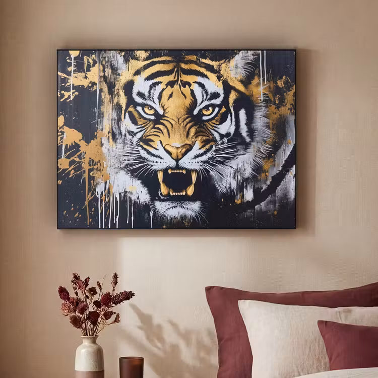Tijger - Verfspatten - Goud Textielframe zwart klein -sfeer1