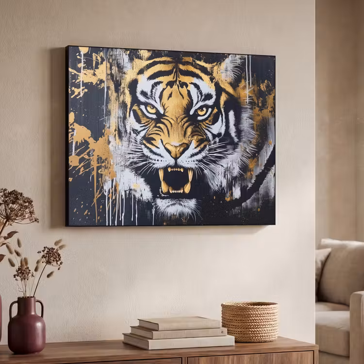 Tijger - Verfspatten - Goud Textielframe - compleet frame klein -sfeer3
