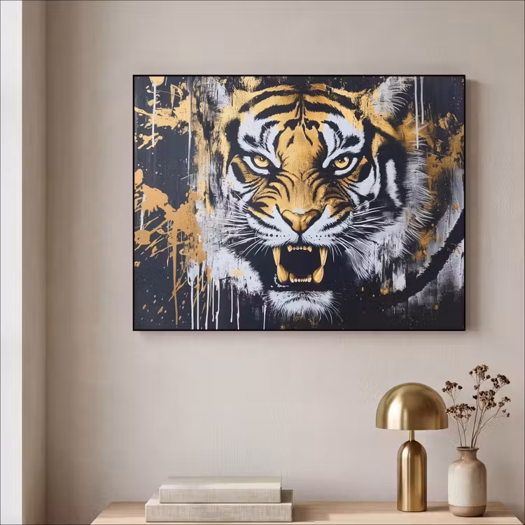 Tijger - Verfspatten - Goud Textielframe - compleet frame klein -sfeer2