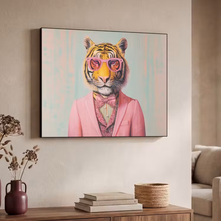 Tijger - Strik - Jasje - Roze Textielframe zwart klein -sfeer3