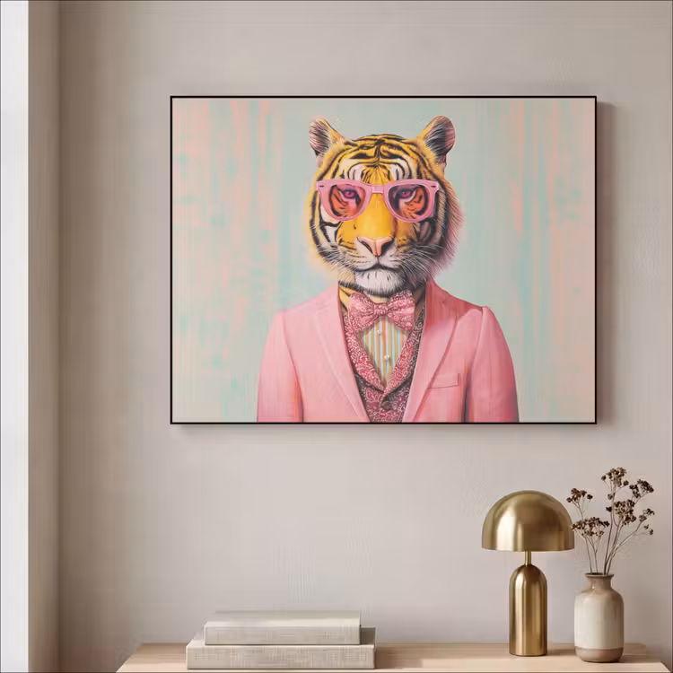 Tijger - Strik - Jasje - Roze Textielframe zwart klein -sfeer2