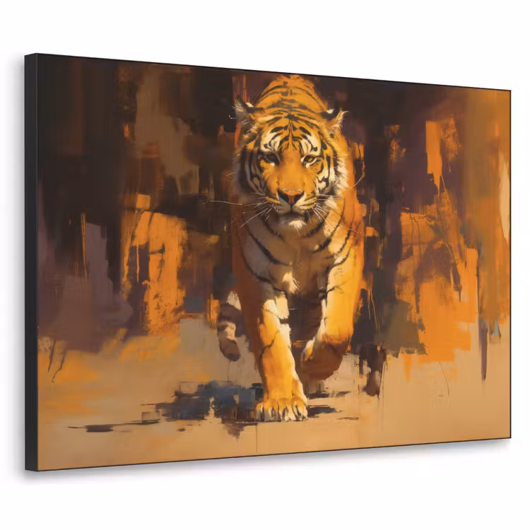 Tijger - Geschilderd - Oranje - Penseelstreken Textielframe zwart klein -3d